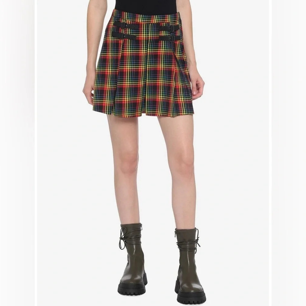 Hot Topic Size Medium Rainbow Plaid Double Buckle Pleated Mini Skirt Pride Black